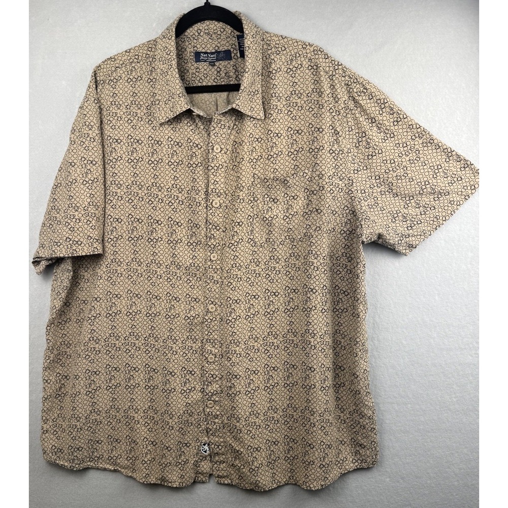 NAT NAST Retro 50s Mocha + Black ATOMIC Circles! Button Front Silk Blend XXL